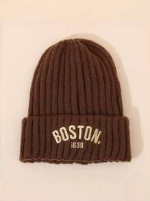 1pc Solid Color Letter Printed Baby Beanie Hat, Vintage Embroidered Boston Warm Knit Cap For Toddler Girl Boy - 1PC - View 7