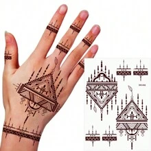 210X150MM 1 Sheets India Mehndi Design Brown Red Maroon Tattoo Stickers, Temporary Tattoos For Women, Waterproof Body Art Stickers, Hand Painted Henna Design, Long Lasting Fake Tattoos For Fingers And Back Of The Hand - 1pc Oblong Shape