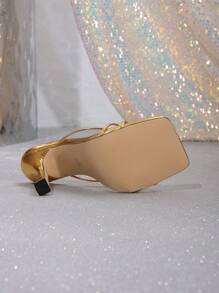 欧美风女式方头踝带高跟凉鞋，新款夏季时尚细跟罗马凉鞋，人字拖 - 金色 - 查看 6