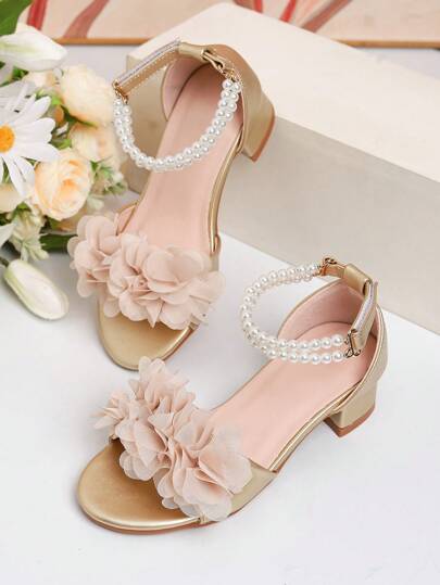 1 双夏季新款时尚珍珠装饰罗马高跟凉鞋，小女孩高跟舞鞋，学生表演和日常活动金色凉鞋，校鞋