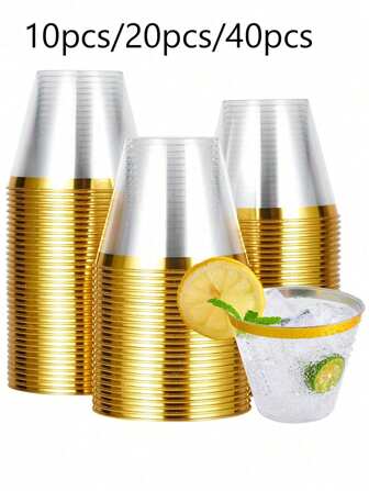 10/20/40pcs Gold Glitter Plastic Cups For 9 Oz Clear Plastic Cups Gold Glitter Cups Cups For Wedding Perfect For Holiday Party Beverage Crystal Cup Transparent Gold Dust Cup Reusable,Kitchen,Christmas Gift