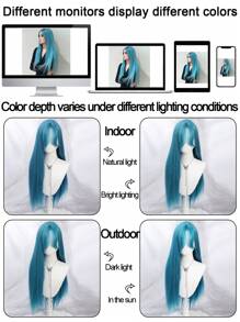 1 Piece Synthetic Heat-Resistant Straight Hair 28 Inch Long Straight Mint Blue Wig Middle Part Bangs Natural Looking Soft Heat Resistant Wigs For Party Daily Use - Mint Blue - View 11