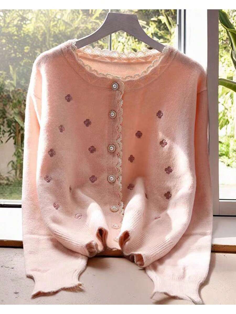 JIANHU Lace Edge Gentle Style Flower Embroidery Cardigan - Pink - View 1