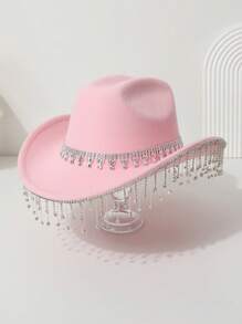 1 peça chapéu de cowboy ocidental feminino com coroa brilhante de cor sólida, franjas, strass falso, para uso casual, festa, casamento, festival de Halloween