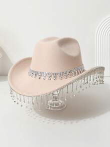 1 peça chapéu de cowboy ocidental feminino com coroa brilhante de cor sólida, franjas, strass falso, para uso casual, festa, casamento, festival de Halloween