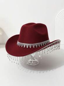 1 peça chapéu de cowboy ocidental feminino com coroa brilhante de cor sólida, franjas, strass falso, para uso casual, festa, casamento, festival de Halloween