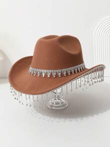 1 peça chapéu de cowboy ocidental feminino com coroa brilhante de cor sólida, franjas, strass falso, para uso casual, festa, casamento, festival de Halloween