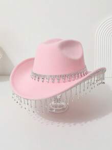1 peça chapéu de cowboy ocidental feminino com coroa brilhante de cor sólida, franjas, strass falso, para uso casual, festa, casamento, festival de Halloween