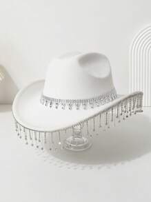 1 peça chapéu de cowboy ocidental feminino com coroa brilhante de cor sólida, franjas, strass falso, para uso casual, festa, casamento, festival de Halloween