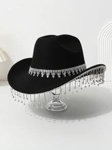 1 peça chapéu de cowboy ocidental feminino com coroa brilhante de cor sólida, franjas, strass falso, para uso casual, festa, casamento, festival de Halloween