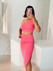 Women's Set Midi Skirt With Slit + Cropped Top With No Sleeves Ribbed Knit Top - 乾枯玫瑰色 - 查看 1