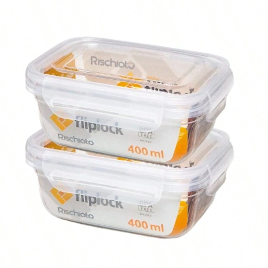 Kit 2 Transparent Rectangular Pot With Fliplock Lid, Lunch Box 400ml - 無色 - 查看 1