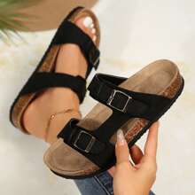 Women's Comfy Slides Sandal With & Adjustable Knitting Straps - Cork Footbed For Ultimate Comfort - Black - View 4