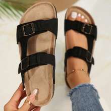 Women's Comfy Slides Sandal With & Adjustable Knitting Straps - Cork Footbed For Ultimate Comfort - Black - View 5