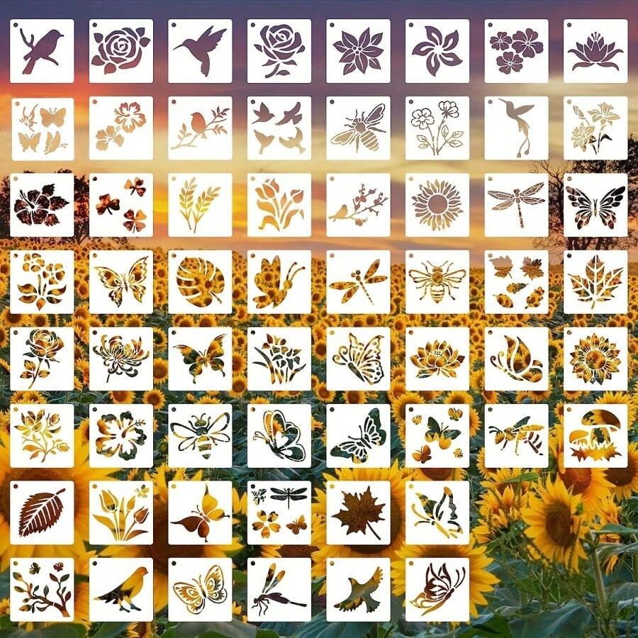 60 件可重复使用绘画模板、墙绘模板、DIY 工艺模板、木制墙绘模板、家居装饰（花卉和植物）、用于学校用品、返校 - 均碼 - 查看 1