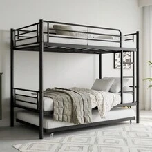 Twin Bunk Bed With Trundle Metal Bunkbeds With Ladder And Full-Length Guardrail, Noise Free, No Box Spring Needed, Black - 黑色+金屬+金屬+Twin-7 - 查看 4