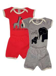 Kit 2 Peças Body Bebe Malha M/curta Estampado 100% Algodão Menino Menina