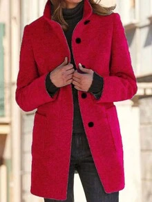 Abrigo Vintage de Mujer Color Sólido Cuello de Botón Chunky Tweed Coat - Rojo - Ver 2