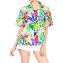 HAPPY BAY Vacay Hawaiian Shirts Womens Casual Summer Vacy Beach Aloha Party Blouse Shirt Dressy Blouses Short Sleeve Collared Vacation Tops Dress Shirts T Shirts For Women - 多彩多姿, 葉子 - 查看 4