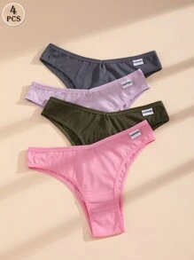 4 条装 女士纯色 V 型内裤 棉质舒适比基尼内裤 透气巴西短裤 - 彩色 - 查看 1