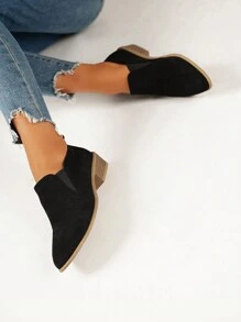 Women's Black Suede Ankle Boots, Pointed Toe, Block Heel, Slip-On, Non-Slip, Versatile For Party & Daily Wear, Fall/Winter Fashion