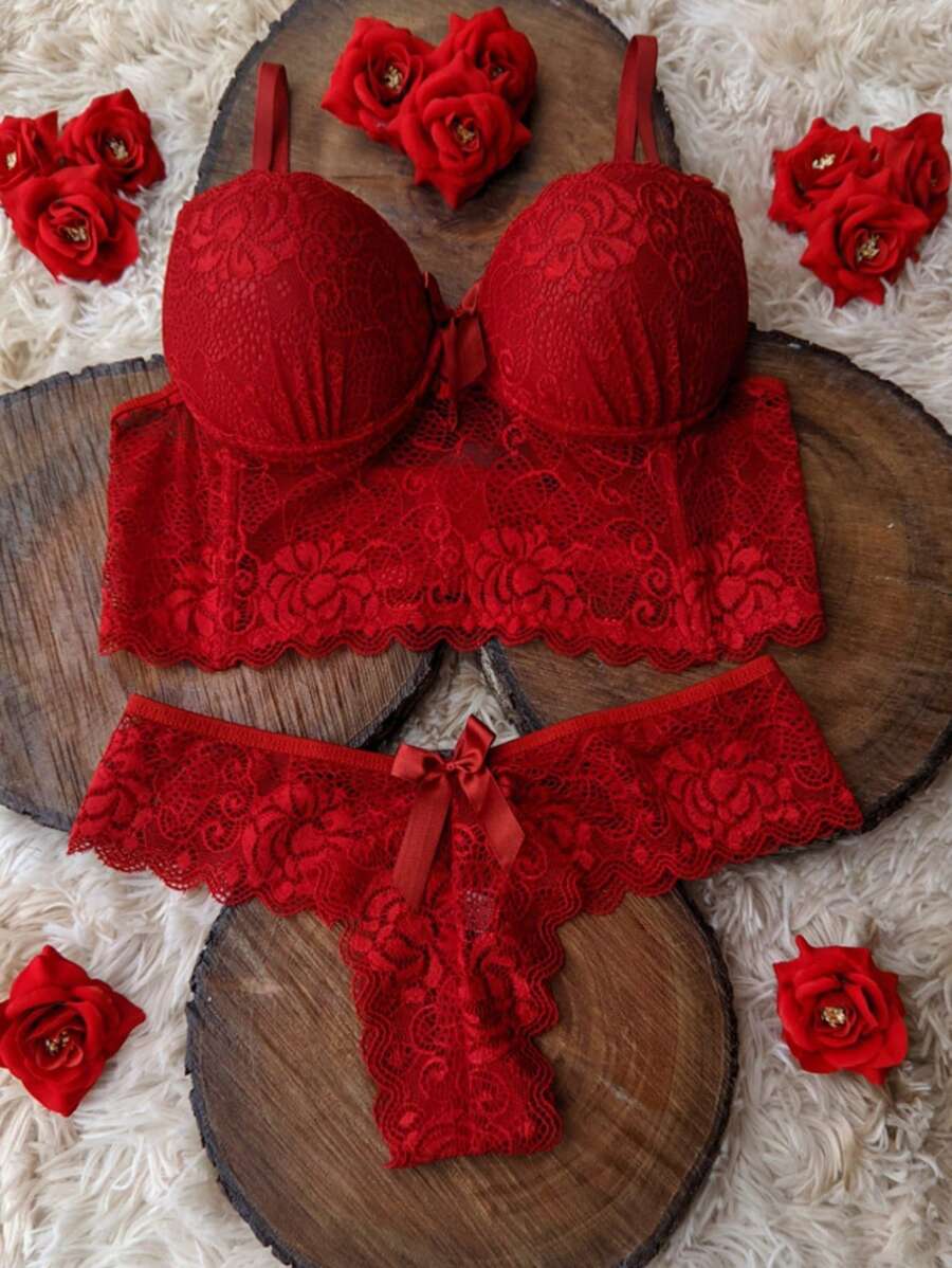 Luxury Lingerie Set Iris Bra And Panties Thong Bra With Padded Cup Thong Panties - 紅色 - 查看 1