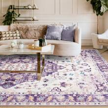 Vintage Design Area Rugs For Living Room, Machine Washable Floral Collection Traditional Bedroom Rug, Low Pile Print Carpet, No Slip Office Kitchen Home Decor - 紫色 - 查看 3