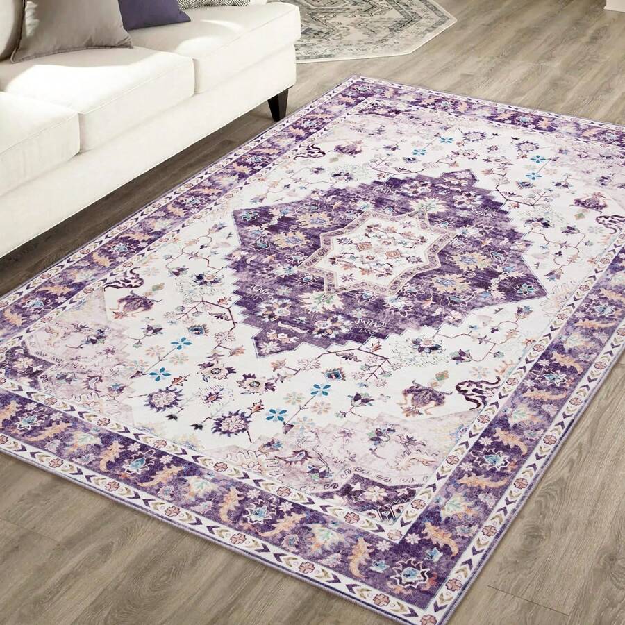 Vintage Design Area Rugs For Living Room, Machine Washable Floral Collection Traditional Bedroom Rug, Low Pile Print Carpet, No Slip Office Kitchen Home Decor - 紫色 - 查看 1