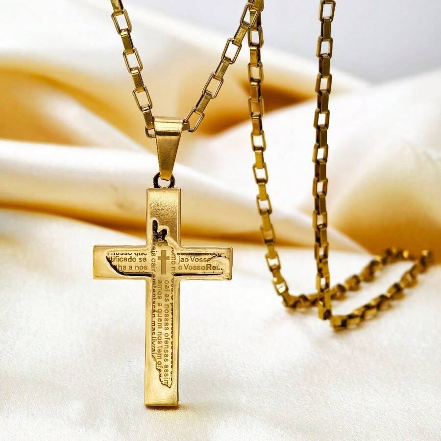 3mm Grumet Chain 18K Gold Plated With Concave Cross Pendant And Lord's Prayer - Dorado - Ver 1
