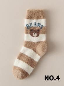 1/3 pares de calcetines de equipo forrados térmicos con estampado de oso de peluche de colores aleatorios para mujer