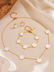 Juego de joyería de 4 piezas de acero inoxidable con flor de 5 pétalos: 1 collar + 1 pulsera + 2 aretes, accesorios de moda elegantes para mujeres, San Valentín, mamá, madre, Día de la Madre, regalo
