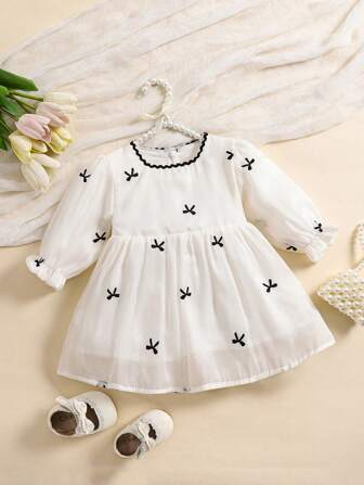 1 件装女婴网眼刺绣蝴蝶结连衣裙，春秋季，休闲派对连衣裙