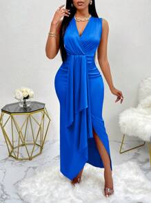 Amarilo 夏季女士时尚无袖褶皱垂褶前部不对称下摆缎面裹臀性感连衣裙 - 寶藍色 - 查看 4