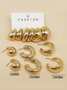 6pcs/Set Fashionable Metallic-Like Ccb Smooth Gold-Plated C-Shaped Chunky  Hoop Earrings Set For Women's Girls Daily Casual Wear - Hoop Earrings - View 3