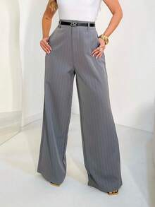 Striped Wide Leg Pants With Belt/AL844 - Gris - Ver 3
