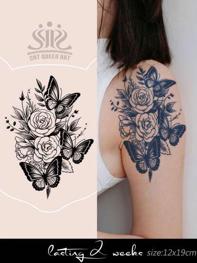 临时大型花卉手臂纹身贴纸，时尚蝴蝶花朵图案，防水防晕染，可持续1-2周，天然植物成分，适用于胸部、腰部、腹部、大腿、肩部、颈部、锁骨等部位，适合Y2K音乐节、情人节、狂欢节、DIY派对等场合，是理想的节日礼物之选。