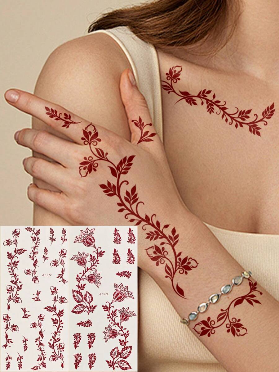 2张曼迪纹身贴纸 - 水转印，临时纹身，持久耐用，适用于手部和手指，棕色和酒红色，是女性身体彩绘的完美之选