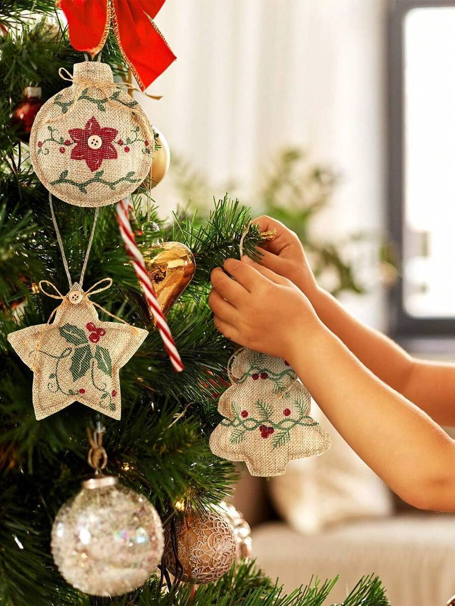 1 件圣诞粗麻布挂饰、圣诞树装饰、迷你星形印花吊坠装饰 - 彩色 - 查看 1