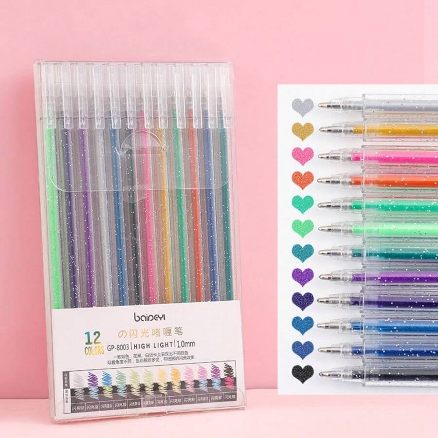 12支/套 珠光荧光笔，沙粒纹理设计，学生适用 - 彩色 - 查看 1