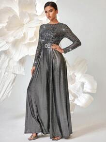 Elegant Rhinestone & Sequin Embellished Jumpsuit - Silver - View 4