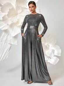 Elegant Rhinestone & Sequin Embellished Jumpsuit - Silver - View 1