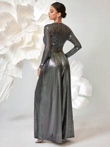 Elegant Rhinestone & Sequin Embellished Jumpsuit - Silver - View 3