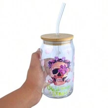 Glass Cup With Airtight Bamboo Lid "Skull 2" Print With Straw - NYBC - 彩色 - 查看 1