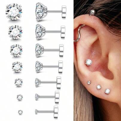 DAILI 7 Pairs 20G Flat Back Earrings For Women Men Silver Hypoallergenic Stainless Steel Stud Earrings Cubic Zirconia Studs Surgical Steel Cartilage Earrings For Sensitive Ears 2-3-4-5-6-7-8mm 4-7 Pairs