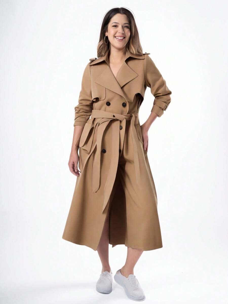 Women's Trench Coat Solid Color Long Coat Slim Coat - 卡其色 - 查看 1