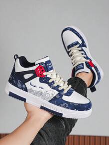 Men's Contrast Color Graffiti Random Print High-Top Casual Sports Shoes, Fashion Letter Patchwork Street Skateboard Shoes, Couple Sneakers