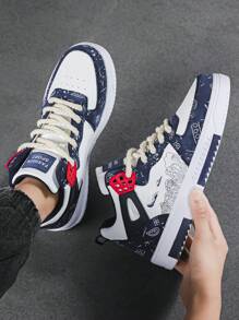 Men's Contrast Color Graffiti Random Print High-Top Casual Sports Shoes, Fashion Letter Patchwork Street Skateboard Shoes, Couple Sneakers