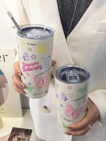 1PC Double Walled Stainless Steel Cup With Butterfly, Star, Heart Pattern, Coffee Cup, Travel Mug, Water Bottle, Car Cup, Anniversary Gift, /Birthday/Christmas Gift, Suitable For Any Occasion (Straw Not Included)