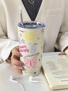 1 件双层不锈钢杯，带蝴蝶、星星、心形图案、咖啡杯、旅行杯、水瓶、汽车杯、周年纪念礼物、万圣节/生日/圣诞节礼物，适合任何场合（不含吸管） - 白色 - 查看 5