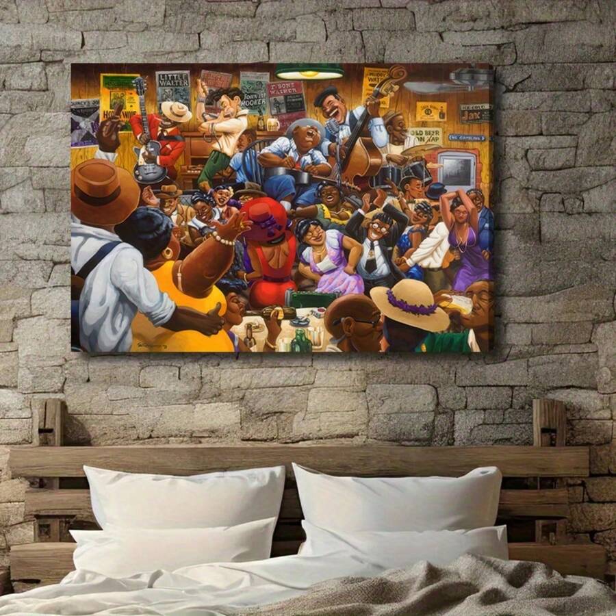 1pc Night Carnival Canvas Poster, African American Party Party Background Wall Printed Canvas Decorative Painting, Ready To Hang Home Decoration, Dance And Sing Theme Wooden Framed Poster, Wall Art Living Room, Dining Room, Bedroom Ideal Gift - Multicolor - View 1